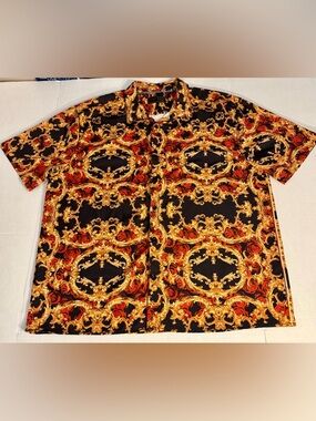 Baroque Gold Shirt Mens 3X Black Red Gold Ornate Rose Button Up Short Sleeve